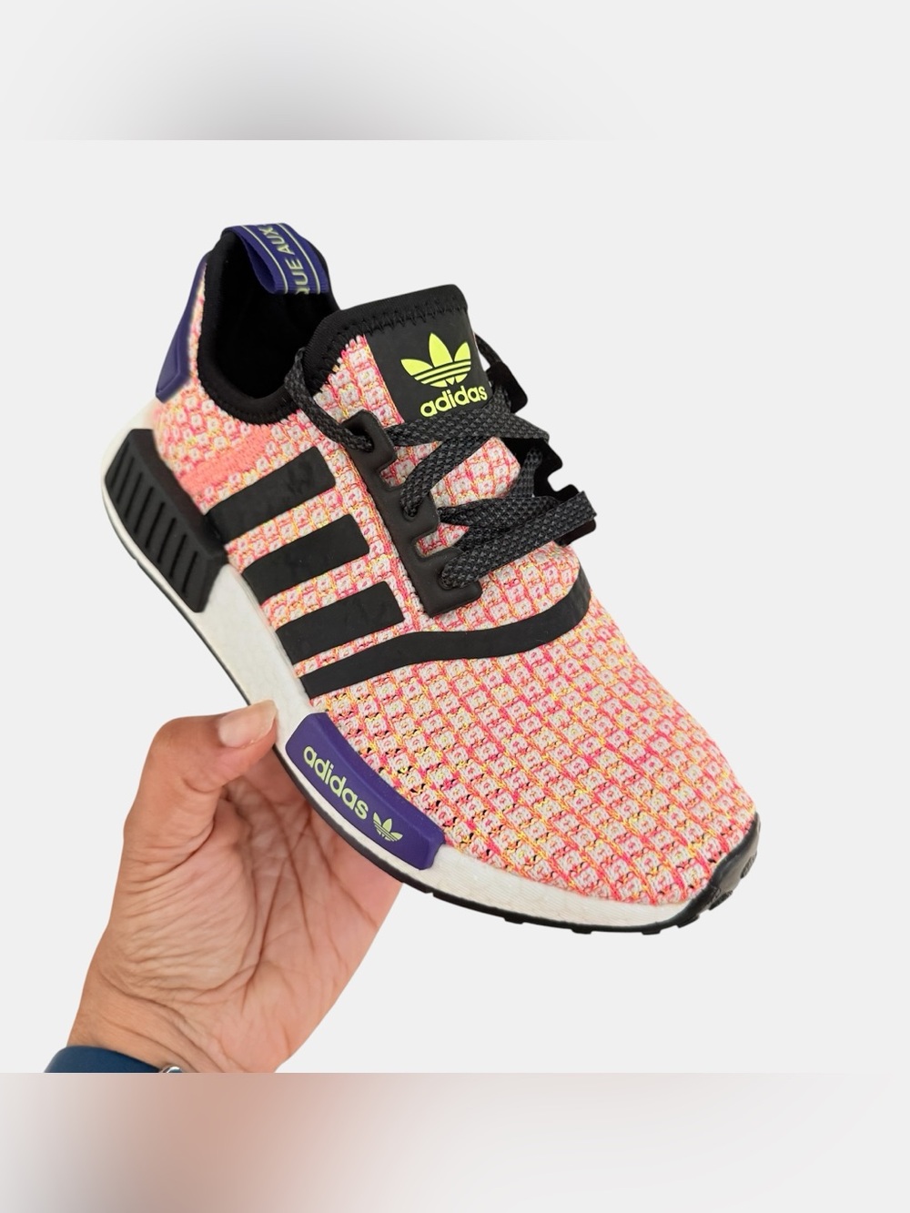 Adidas NMD R1 Solar Yellow Woven Sneakers with Purple Accents Size 5Y/ 6 Women - Picture 3 of 7